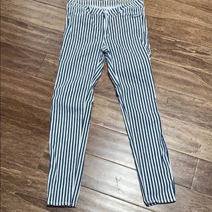 Striped white and blue skinny jeans.